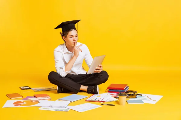 Graduate Young Boy Student Business Style Clothes Sitting Floor Books — ストック写真