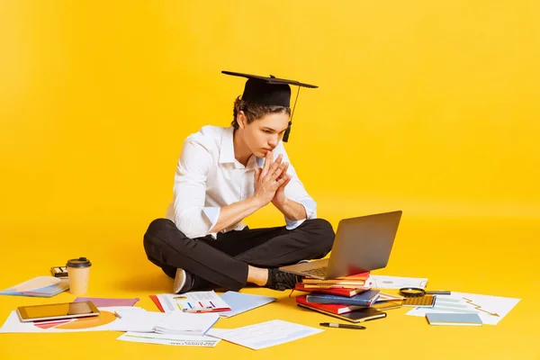 Handsome Boy Student Business Style Clothes Sitting Floor Using Laptop —  Fotos de Stock