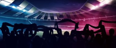Destek. Futbolun arka planı, futbol taraftarlarının akşam vakti kalabalık stadyumda eşarplarıyla takımlarını alkışlamaları. Spor, kupa, dünya, takım, etkinlik, yarışma kavramı