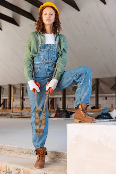 Repair work. Young woman, professional builder makes room repairs using different work tools. Gender equality. Work, occupation, apartment renovation. Pretty girl in work clothes