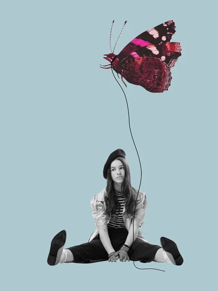 Contemporary Art Collage Stylish Teen Girl Holding Butterfly Air Balloon — Fotografia de Stock