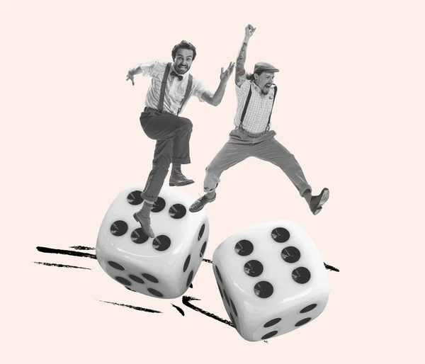 Contemporary Art Collage Two Stylish Men Jumping Playing Dice Isolated —  Fotos de Stock