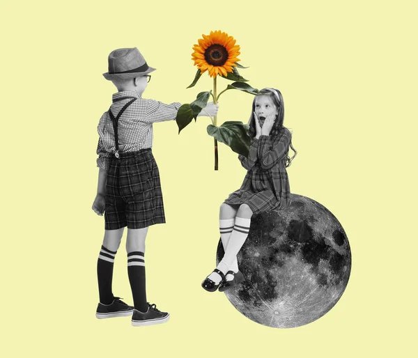 Contemporary Art Collage Little Boy Child Giving Girl Sunflowers Isolated — Fotografia de Stock