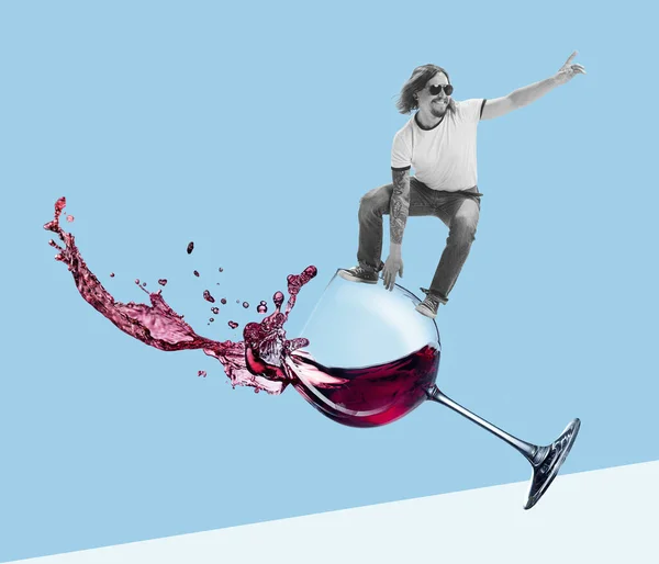 Contemporary Art Collage Cheerful Young Man Surfing Red Wine Glass — Stock Fotó