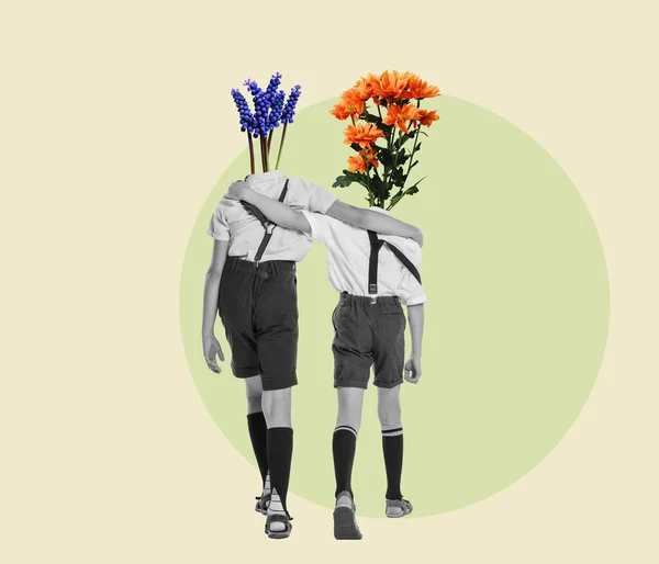 Colagem Arte Contemporânea Meninos Roupa Retro Com Cabeças Flores Andando — Fotografia de Stock