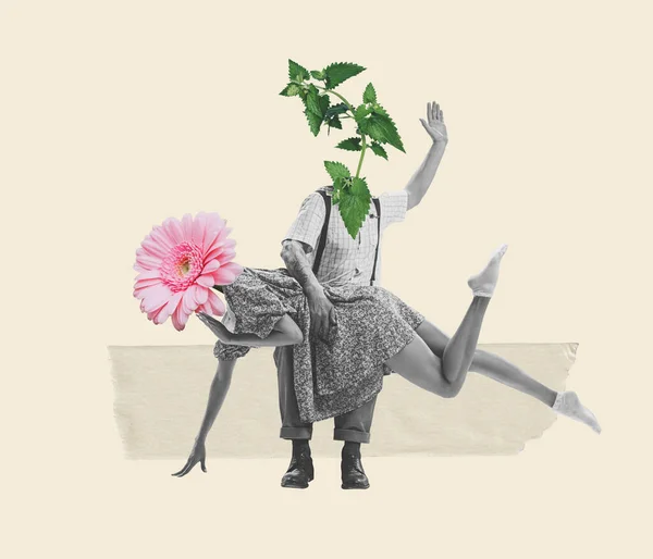 Contemporary art collage. Woman with gerbera flower head and man with nettle head. Difference in characters. Concept of vintage and retro design, creativity, imagination, inspiration, artwork and ad