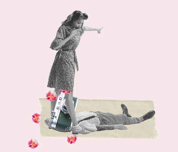 Contemporary Art Collage Man Taking Photo Beautiful Young Girl Retro — 스톡 사진