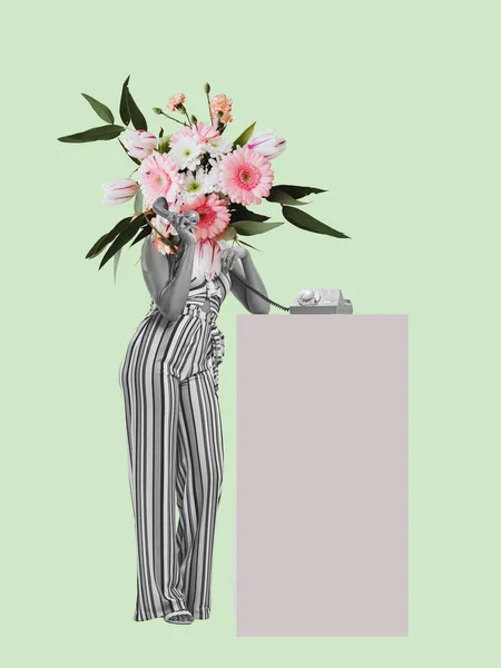 Contemporary Art Collage Woman Flower Bouquet Head Talking Phone Isolated — ストック写真