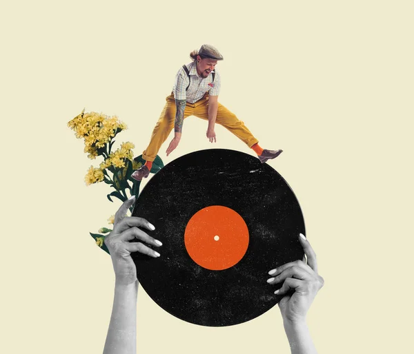 Contemporary Art Collage Stylish Cheerful Man Dancing Retro Vinyl Player — Stockfoto