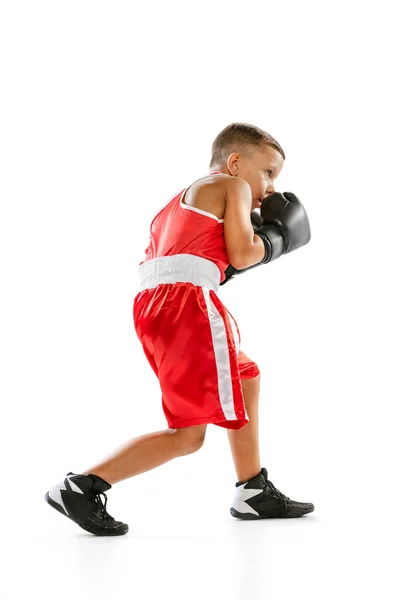 Champion Portrait Active Boy Beginner Boxer Sports Gloves Red Uniform —  Fotos de Stock