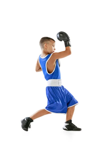Sportive Little Boy Kid Boxer Gloves Shorts Training Isolated White — Stok fotoğraf
