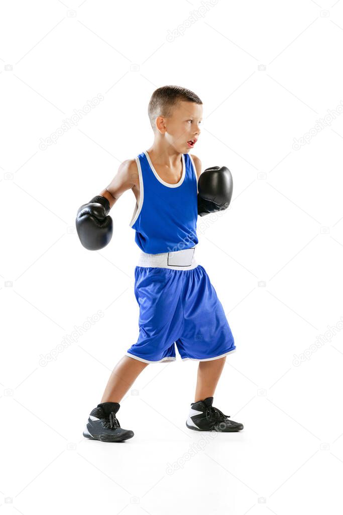 Training. Sportive little boy, kid in boxer gloves and shorts training isolated on white studio background. Concept of sport, movement, studying, achievements, lifestyle. Copy space for ad