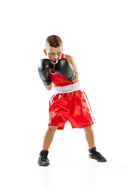 Portrait Active Boy Beginner Boxer Sports Gloves Red Uniform Boxing — Stok fotoğraf