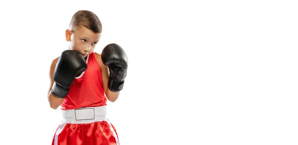 Portrait Active Boy Beginner Boxer Sports Gloves Red Uniform Boxing — Zdjęcie stockowe