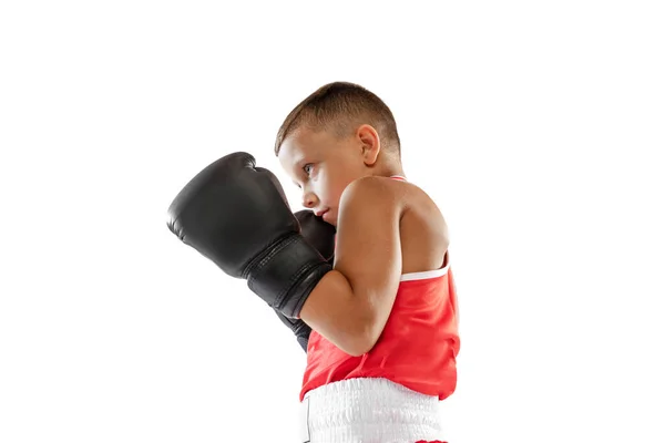 Portrait Active Boy Beginner Boxer Sports Gloves Red Uniform Boxing —  Fotos de Stock