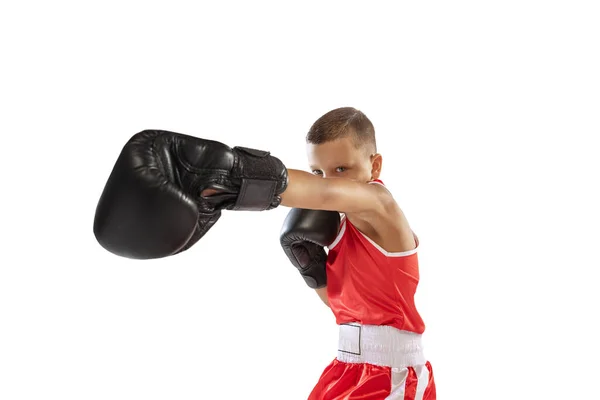 Wide Angle View Active Boy Beginner Boxer Sports Gloves Red — Stok fotoğraf