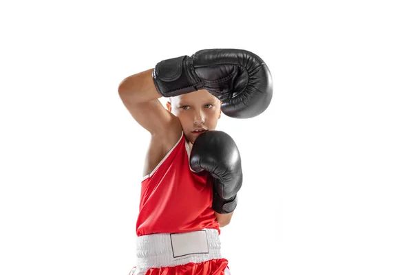 Defence Block Active Boy Beginner Boxer Sports Gloves Red Uniform — Zdjęcie stockowe