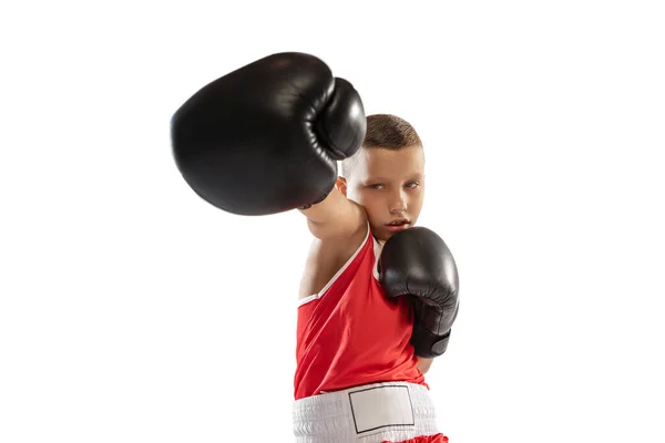 Широкий Угол Обзора Активный Мальчик Начинающий Боксер Спортивных Перчатках Красной — стоковое фото