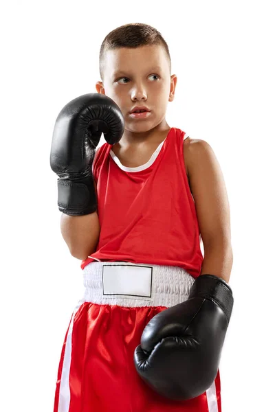 Retrato Niño Joven Boxeador Guantes Boxeo Unifprm Rojo Posando Aislado —  Fotos de Stock