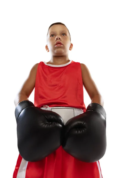 Vista Abajo Retrato Niño Joven Boxeador Guantes Boxeo Unifprm Rojo —  Fotos de Stock