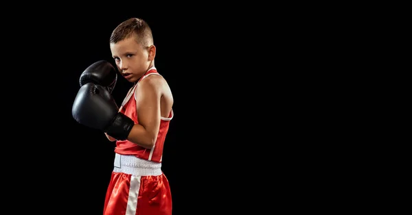 Young Beginner Boxer Sportive Boy Training Isolated Dark Background Concept — Stok fotoğraf