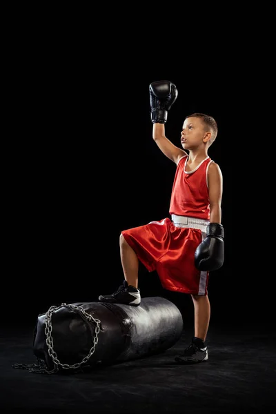 Winner Young Beginner Boxer Sportive Boy Training Isolated Dark Background — ストック写真