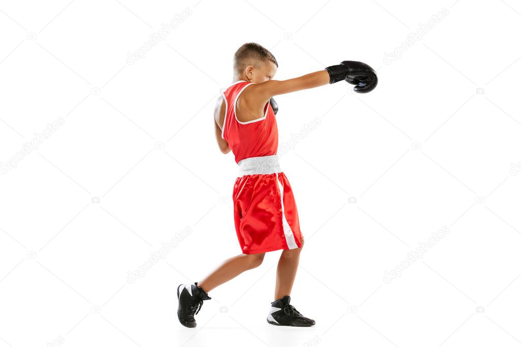 Portrait of active boy, beginner boxer in sports gloves and red uniform boxing isolated on white background. Concept of sport, movement, studying, achievements, lifestyle. Copy space for ad
