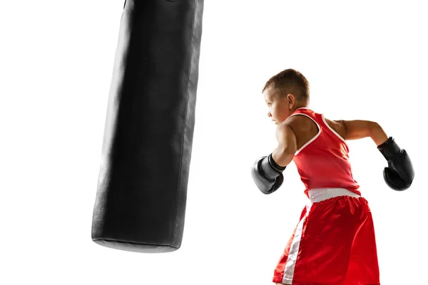 Kid Practicing Punch Punching Bag Beginner Boxer Sportive Boy Wearing — Stok fotoğraf