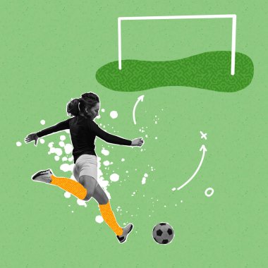 Gol! Enerjik bayan futbolcu çizimler ve çizimlerle arka planda futbol oynuyor. Spor, başarılar, medya, bahis, haberler, reklam ve teknoloji. Yaratıcı sanat eserleri