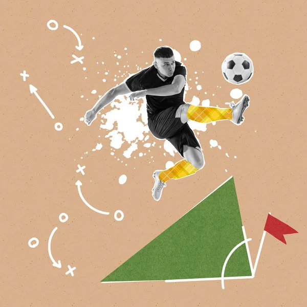 Collage Zeitgenössischer Kunst Fußballprofi Kickt Den Ball Mit Zeichnungen Über — Stockfoto