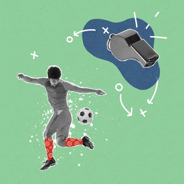 当代艺术拼贴 职业男性足球运动员用浅色的背景图将球踢出 广告和技术 — 图库照片