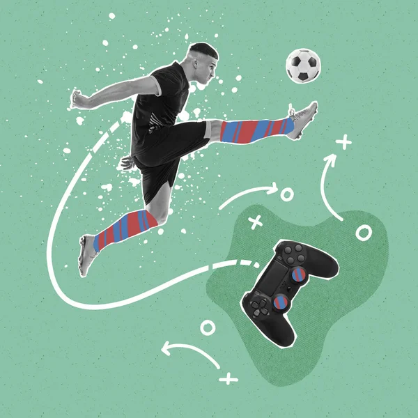 电脑游戏 创意艺术拼贴与年轻男子 职业足球运动员在行动轻背景与图纸 广告和技术 — 图库照片