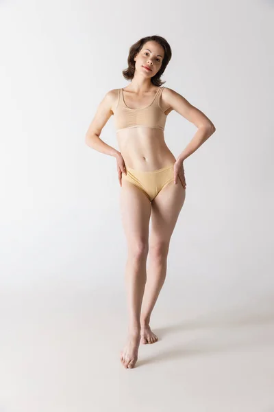 Portrait Young Beautiful Slim Girl Underwear Posing Isolated Gray Studio — Foto de Stock