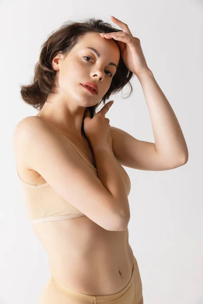 Tenderness Young Adorable Woman Comfortable Cotton Underwear Isolated Grey Studio — Foto de Stock