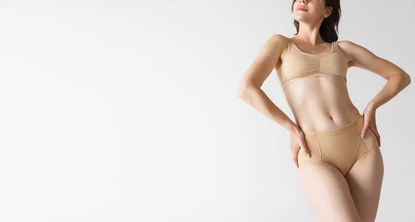 Wellness Health Slender Female Body Weraring Underwear Isolated Gray Background —  Fotos de Stock