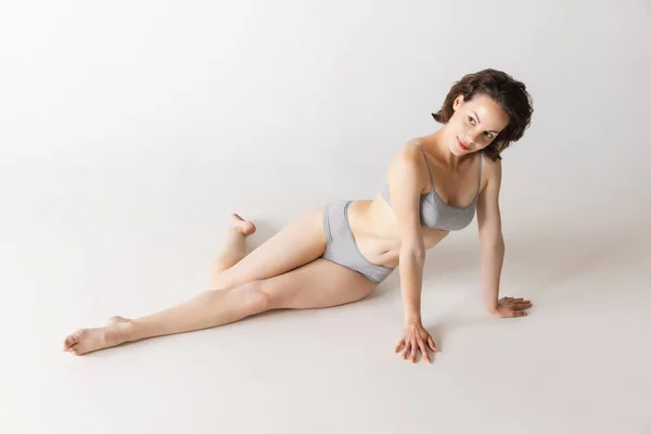Portrait Young Beautiful Slim Girl Underwear Posing Isolated Gray Studio — Photo