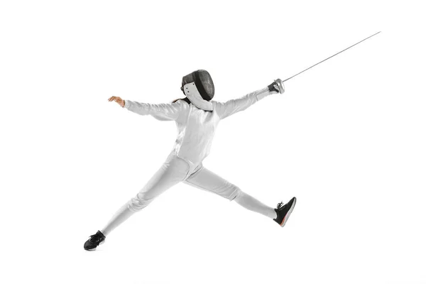 Dynamic Portrait Female Fencer Sports Costume Fencing Mask Holding Rapier — Fotografie, imagine de stoc