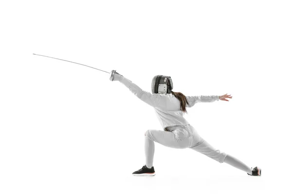 Dynamic Portrait Female Fencer Sports Costume Fencing Mask Holding Rapier — Stockfoto