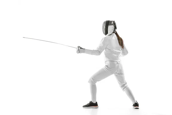 One Sportsman Female Fencer White Fencing Costume Action Motion Isolated — Zdjęcie stockowe