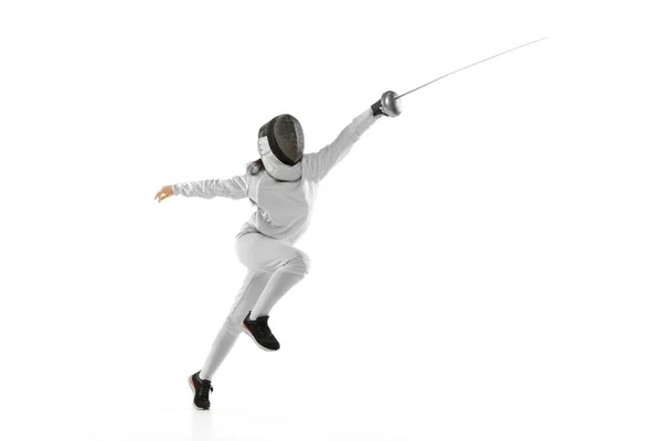 Attack Young Girl Beginner Fencer Fencing Costume Mask Practicing Rapier — Zdjęcie stockowe