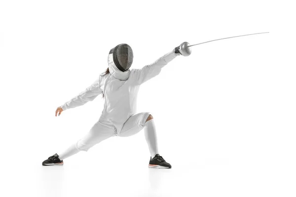 Attack Young Girl Beginner Fencer Fencing Costume Mask Practicing Rapier — Zdjęcie stockowe