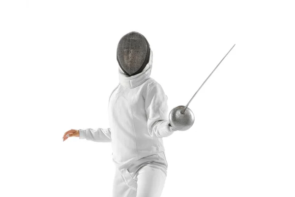 Front View One Sportsman Female Fencer White Fencing Costume Action — 스톡 사진