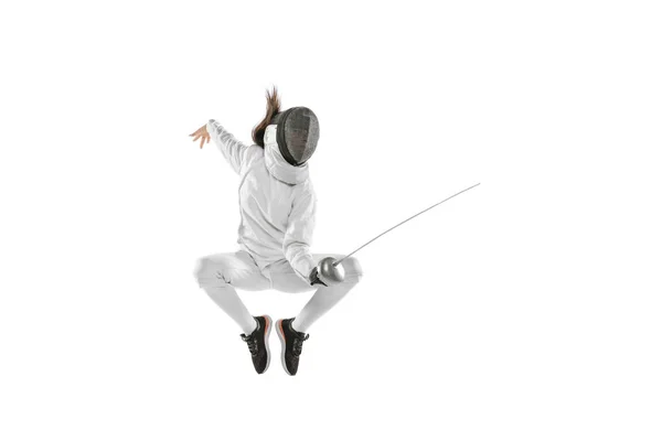 Latanie Elastyczna Kobieta Szermierz Białym Stroju Szermierki Maski Akcji Ruch — Zdjęcie stockowe