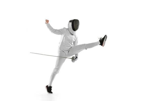 Dynamic Portrait Female Fencer Sports Costume Fencing Mask Holding Rapier — Stockfoto