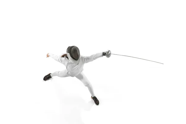 Attack Young Girl Beginner Fencer Fencing Costume Mask Practicing Rapier — Stockfoto