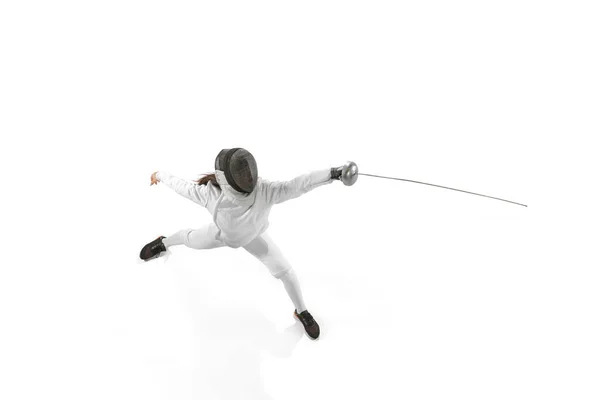 Attack Young Girl Beginner Fencer Fencing Costume Mask Practicing Rapier — ストック写真