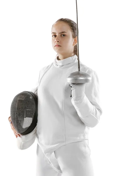 Looks Concentrated Portrait Young Charming Girl Fencer White Fencing Costume — Foto Stock