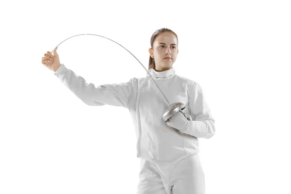 Portrait Young Charming Girl Fencer White Fencing Costume Posing Rapier — Stok fotoğraf