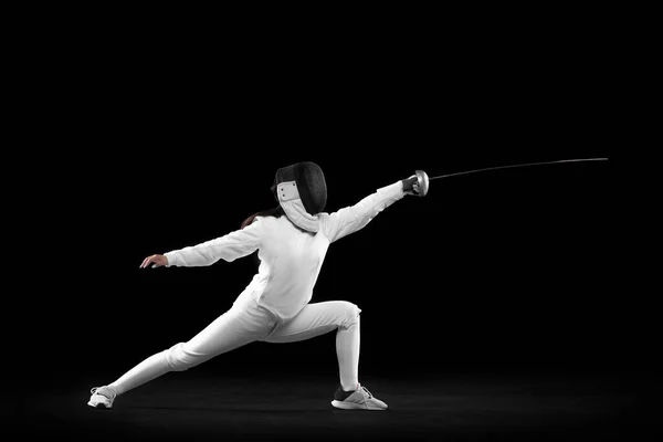 Lunge Energetic Female Fencer White Fencing Costume Mask Action Motion — Stock Photo, Image