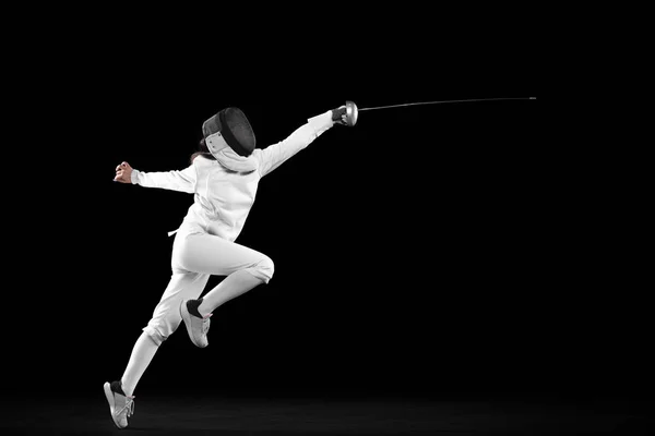 Energetic Female Fencer White Fencing Costume Mask Action Motion Isolated — Stock fotografie